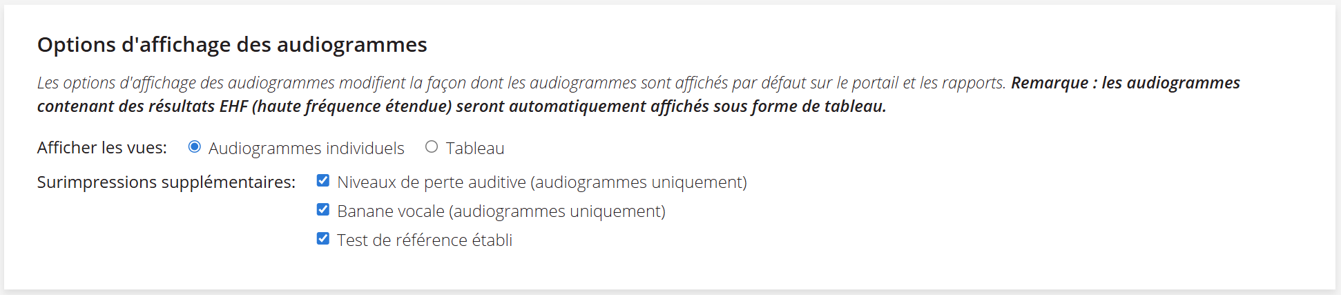 Une capture d'écran des options d'affichage de l'audiogramme.