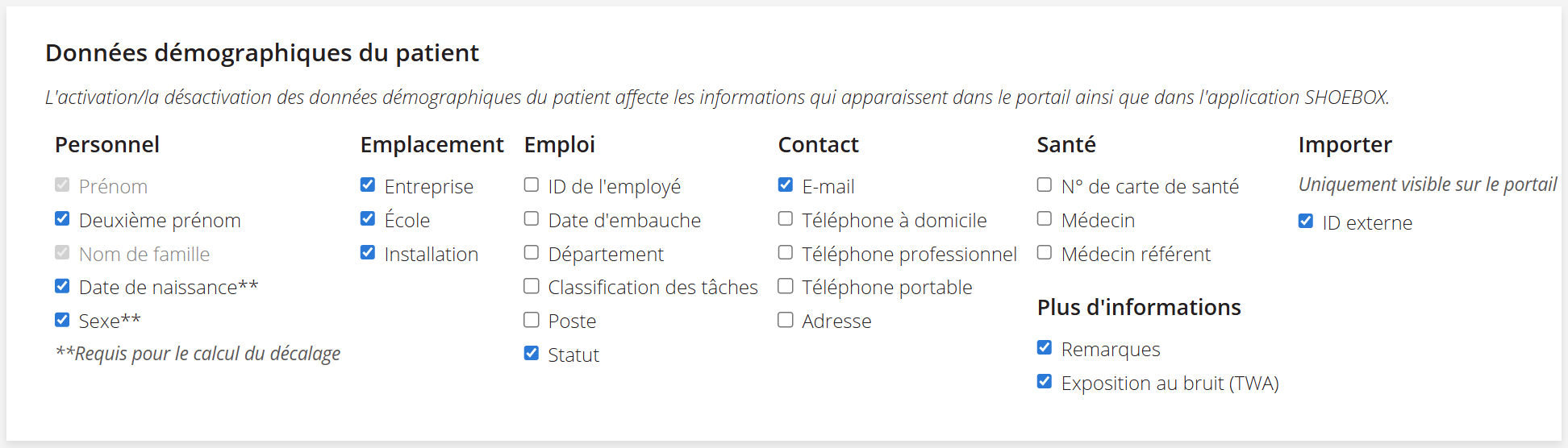 Une capture d'écran des options d'affichage des données démographiques du patient.