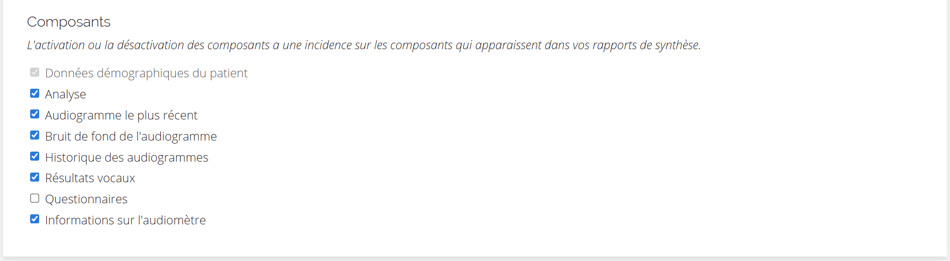 Une capture d'écran des paramètres des composants du rapport.