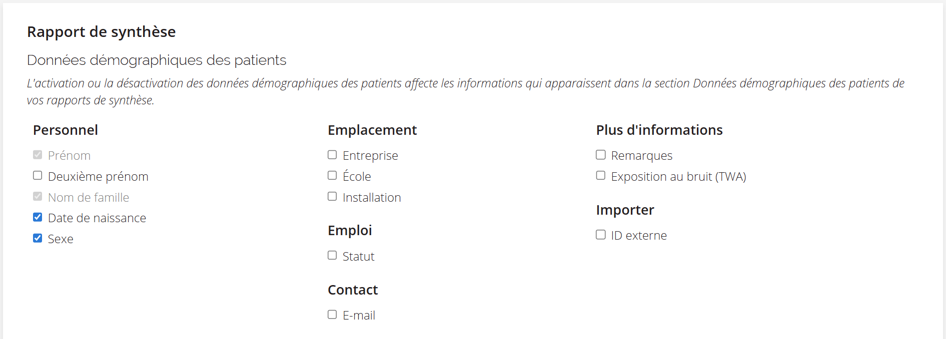 Une capture d'écran des paramètres du rapport récapitulatif.