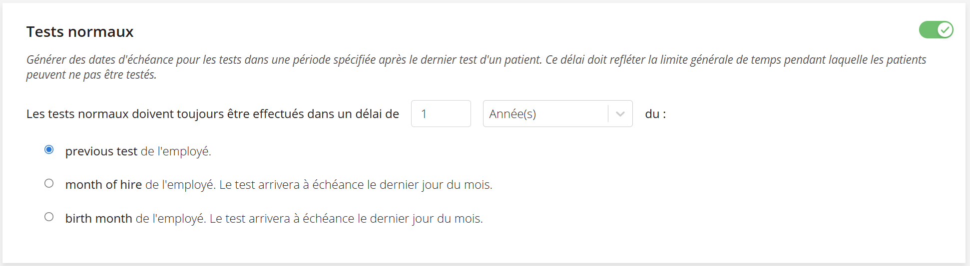 Une capture d'écran des paramètres de tests réguliers dans les règles de planification.