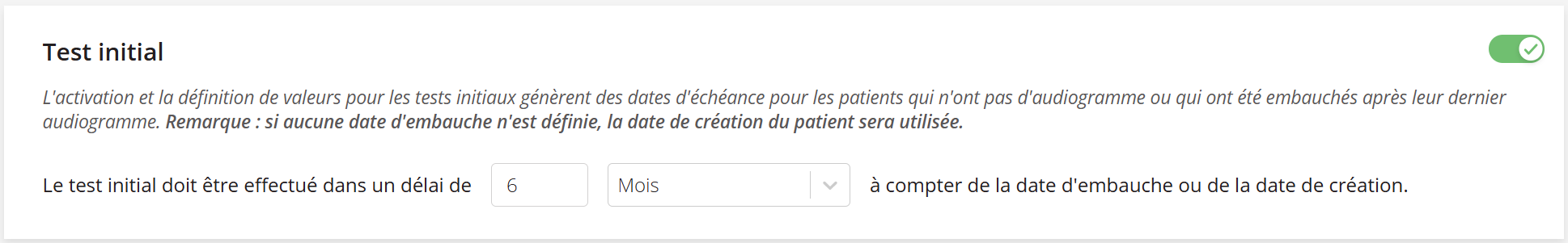 Une capture d'écran des paramètres de test initiaux dans les règles de planification.