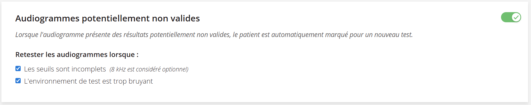 Capture d'écran du paramètre « Audiogrammes potentiellement invalides ».
