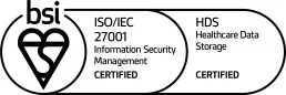 Une image du logo BSI indiquant la conformité aux normes ISO 27001 et HDS.