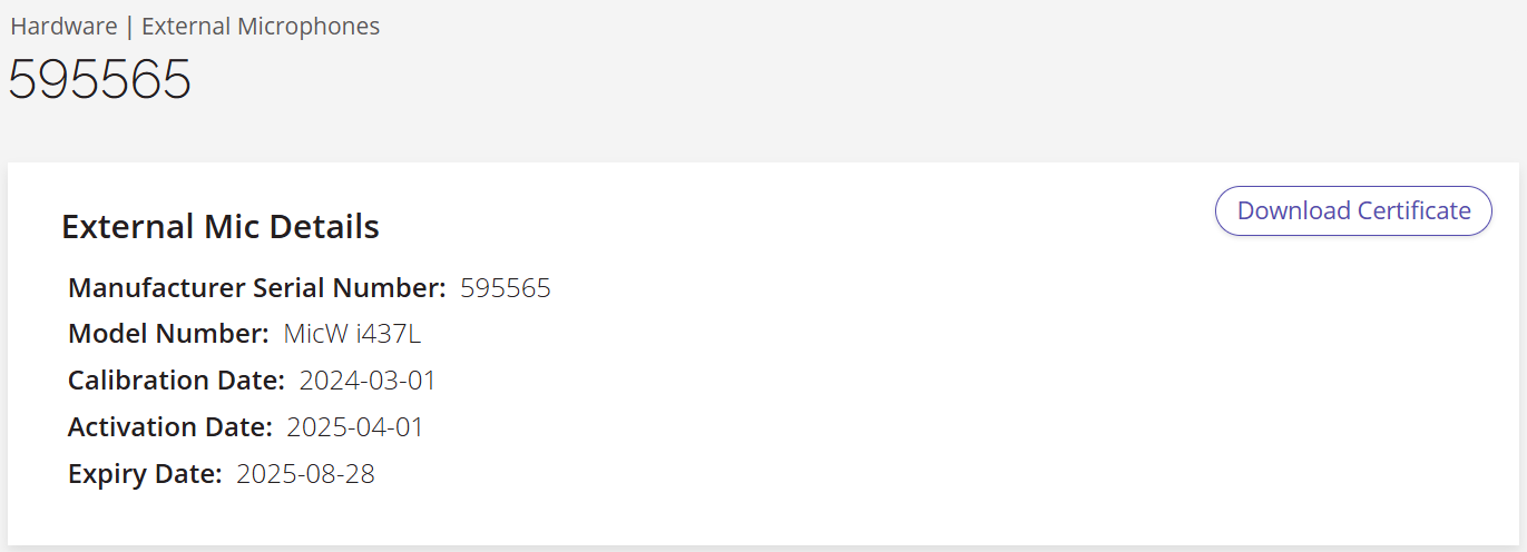 A screenshot of an external microphone's details page showing the Download Certificate button.