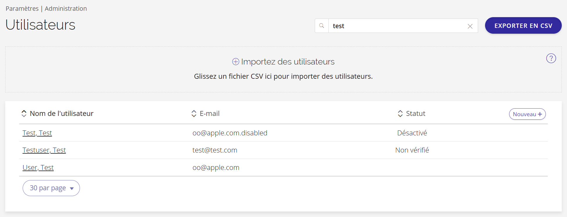 Une capture d'écran de la page « Utilisateurs ».