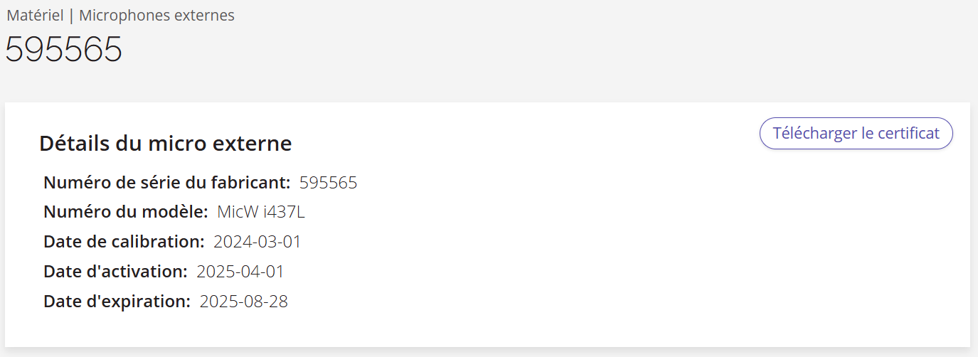 Capture d'écran de la page de détails d'un microphone externe, sur laquelle apparaît le bouton « Télécharger le certificat ».