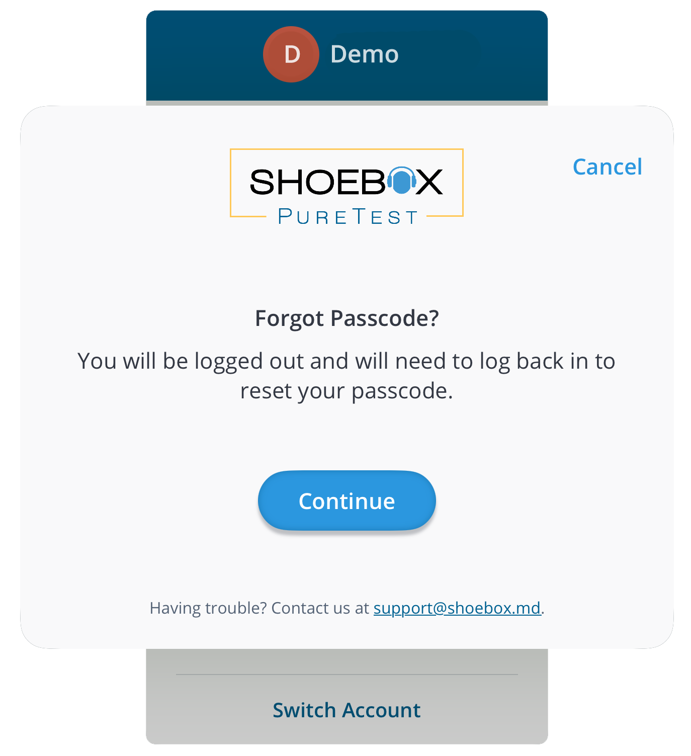 A screenshot of the Forgot passcode screen in PureTest.