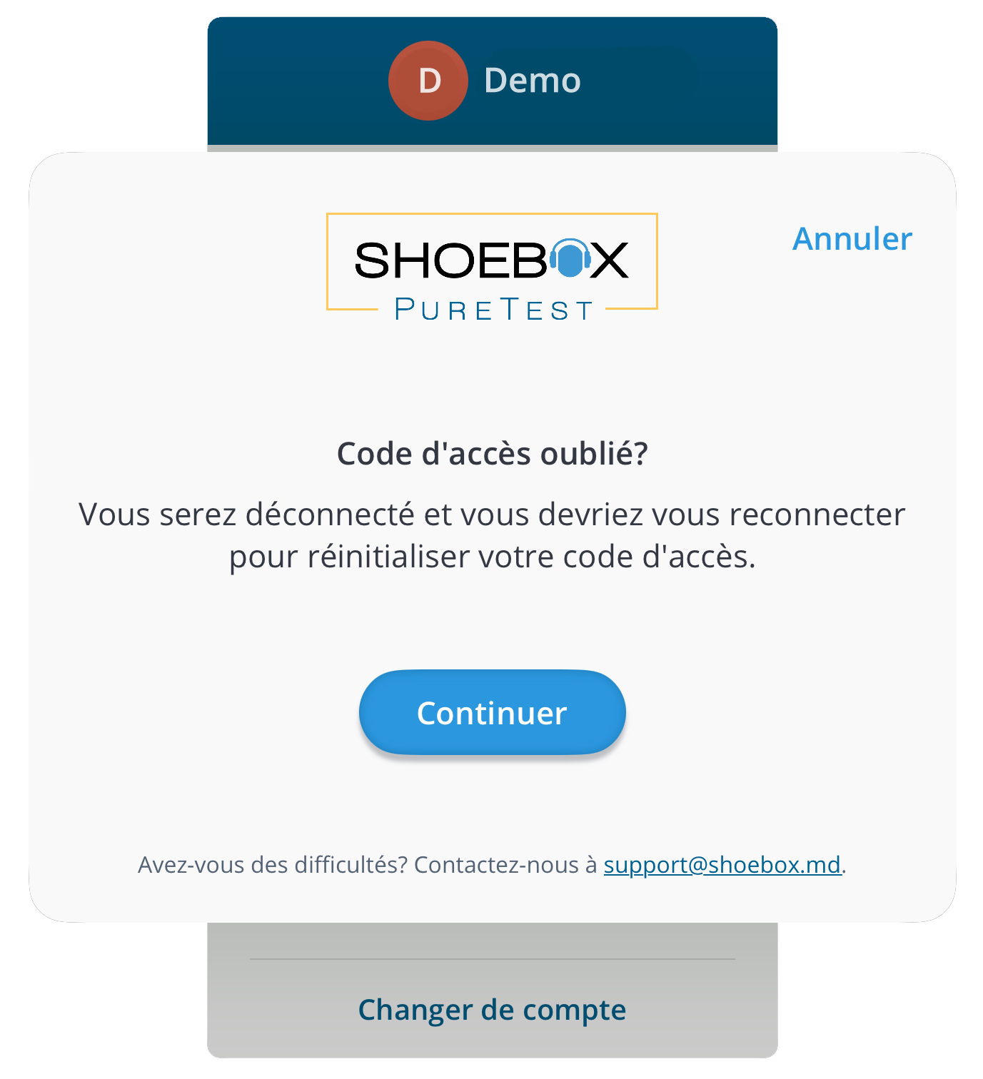 Capture d'écran de l'écran « Code d'accès oublié » dans PureTest.