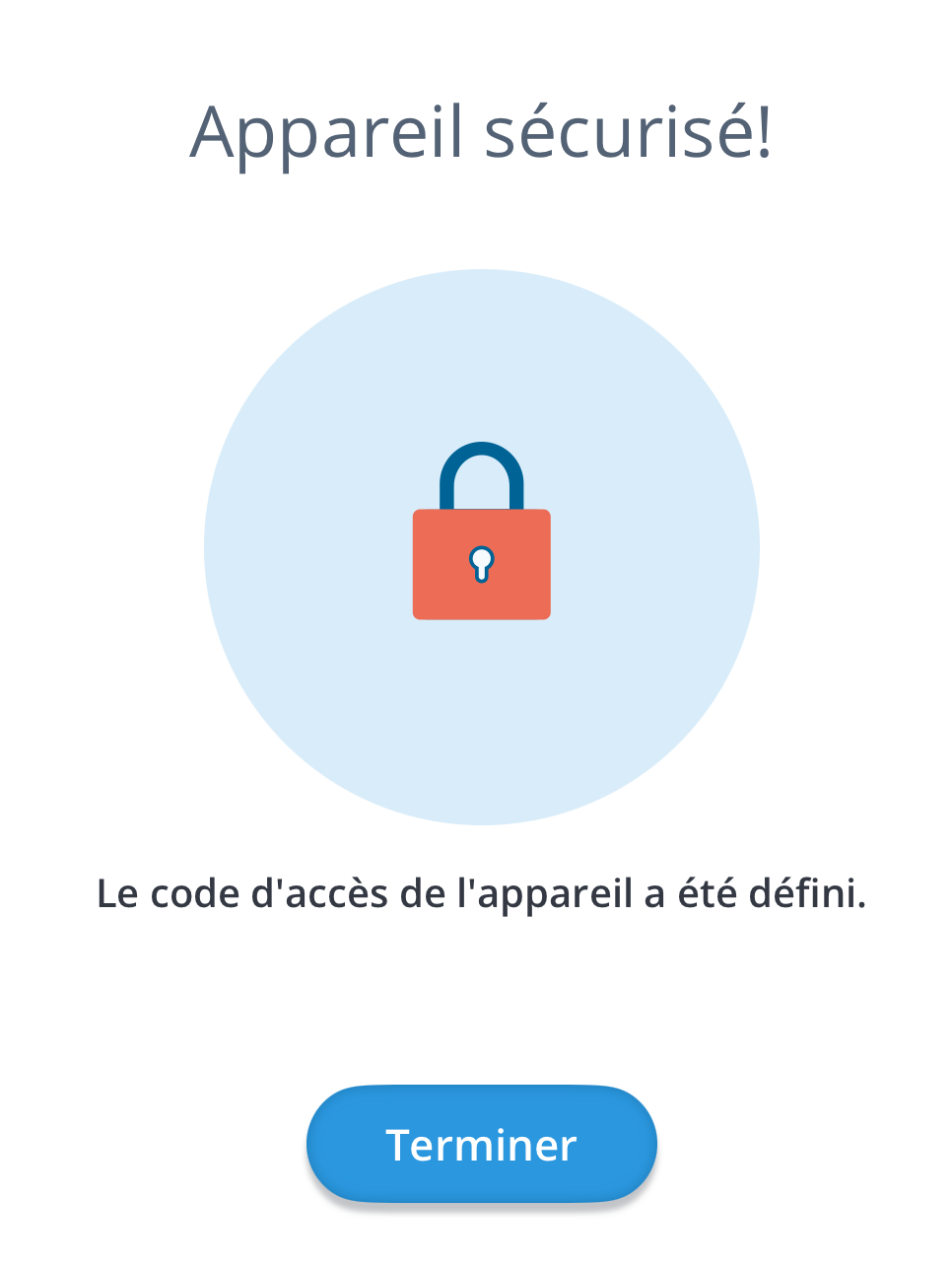 Capture d'écran de l'écran « Nouveau code d'accès défini » dans PureTest.