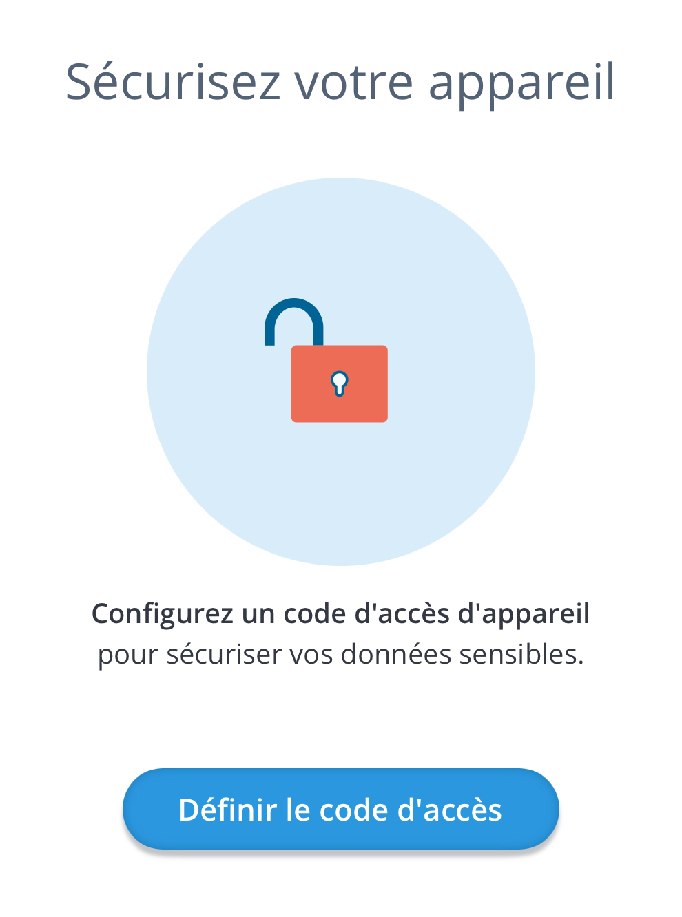 Capture d'écran de l'écran « Définir le code d'accès » dans PureTest.