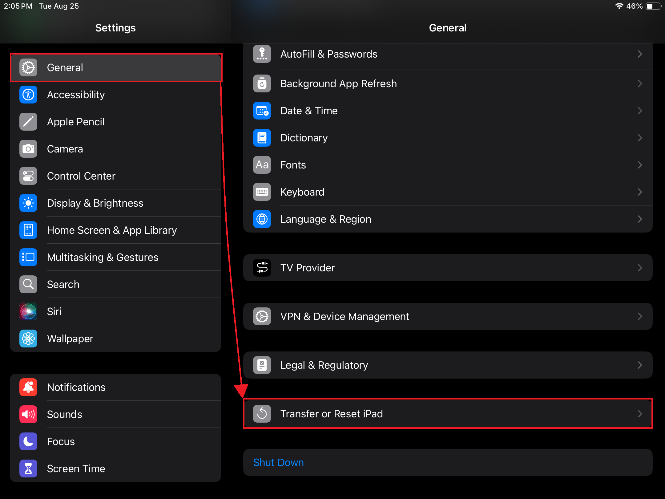 A screenshot of an iPad's General settings with the Transfer or Reset iPad option highlighted.