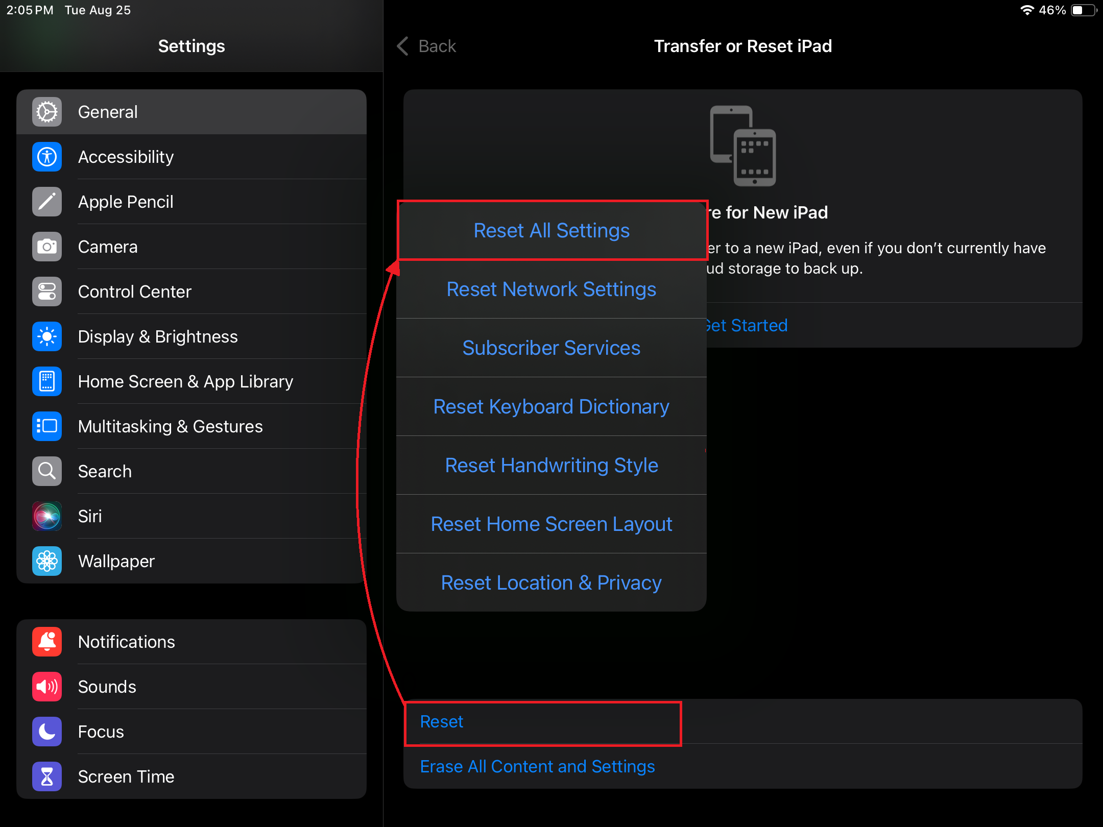 A screenshot of the Reset All Settings option that is displayed when resetting an iPad.