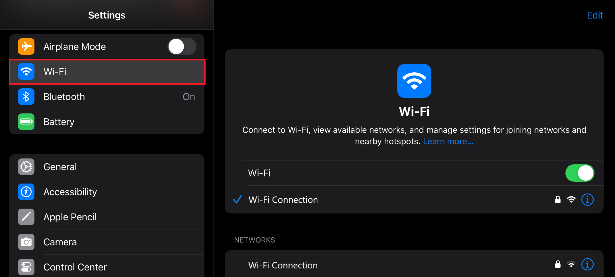 A screenshot of an iPad's Wi-Fi settings.