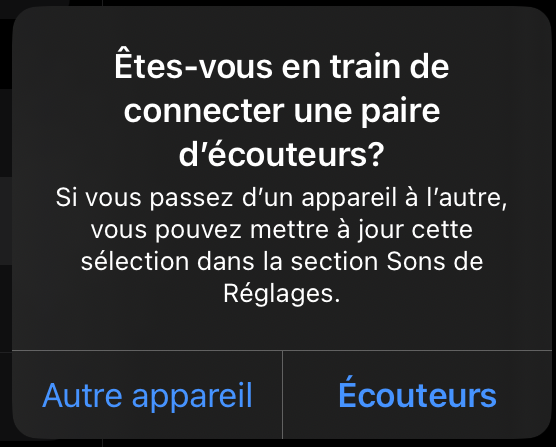 Capture d'écran de la fenêtre contextuelle de l'iPad lors du branchement d'un casque.