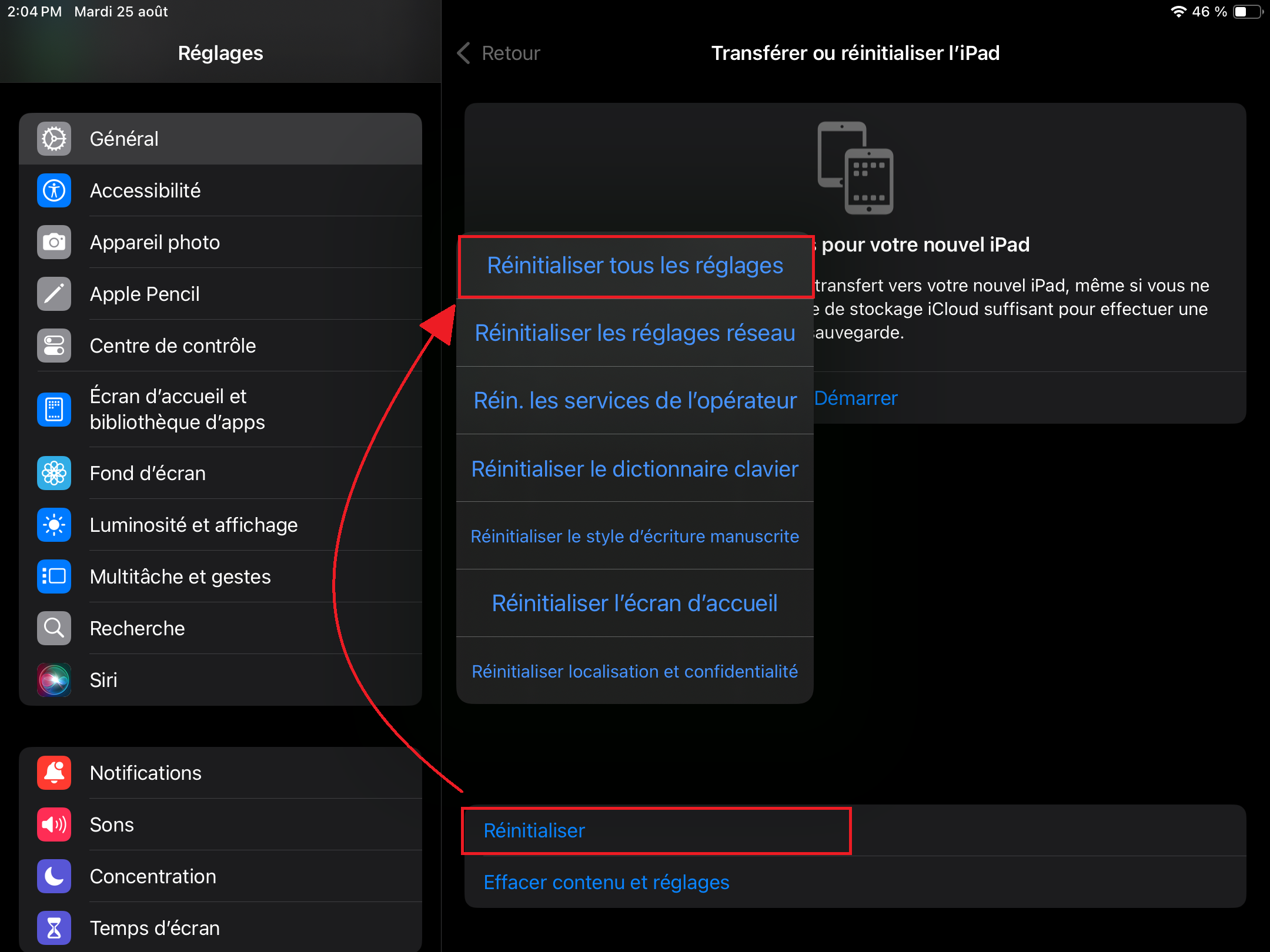 Une capture d'écran de l'option « Réinitialiser tous les réglages » qui s'affiche lors de la réinitialisation d'un iPad.
