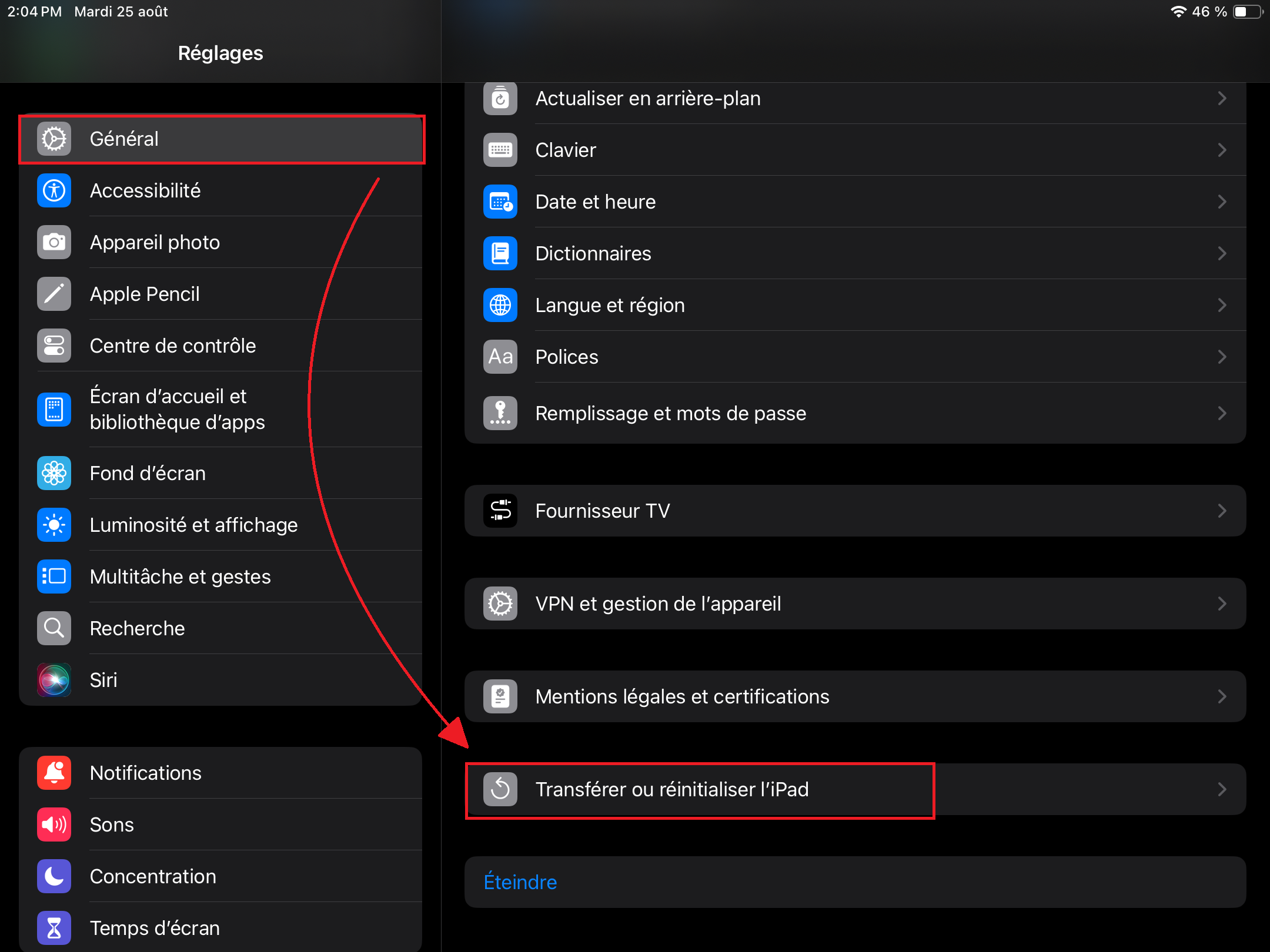 Une capture d'écran des paramètres généraux d'un iPad, sur laquelle l'option « Transférer ou réinitialiser l'iPad » est mise en évidence.