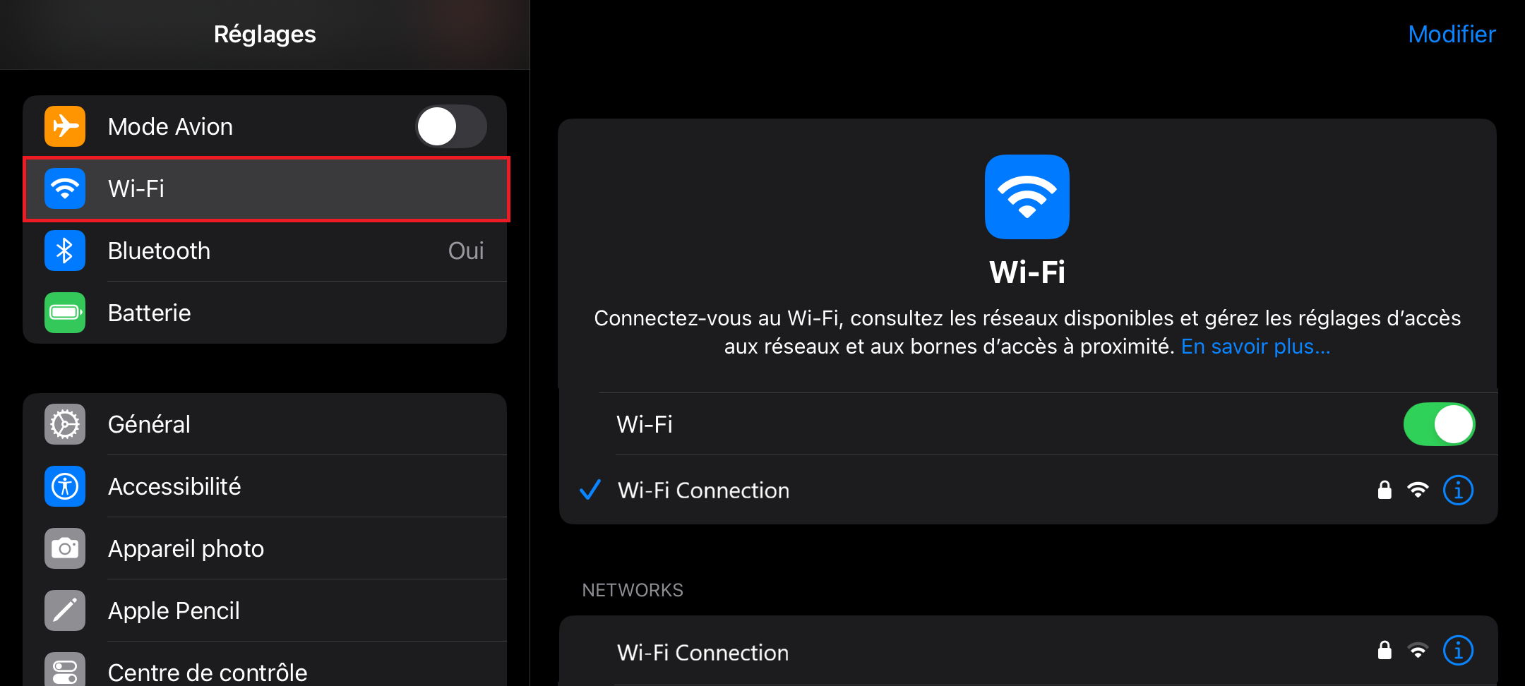 Une capture d'écran des paramètres Wi-Fi d'un iPad.