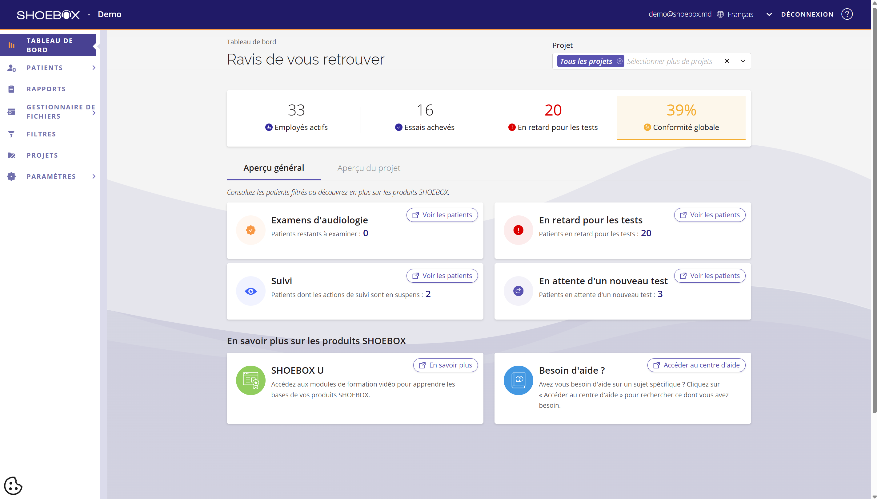 Une capture d'écran du tableau de bord tel qu'il s'affiche pour les utilisateurs de PureTest.