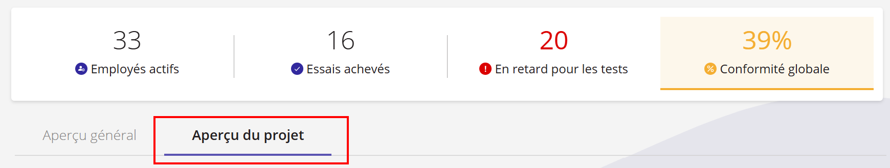 Une capture d'écran de l'onglet « Aperçu du projet » du tableau de bord.