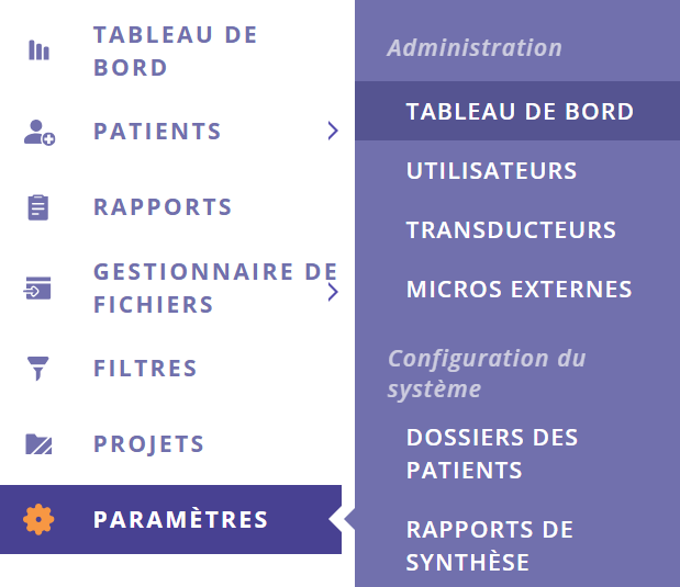 Une capture d'écran du menu latéral du portail de gestion des données, sur laquelle les rubriques « Paramètres » et « Tableau de bord » sont mises en évidence.