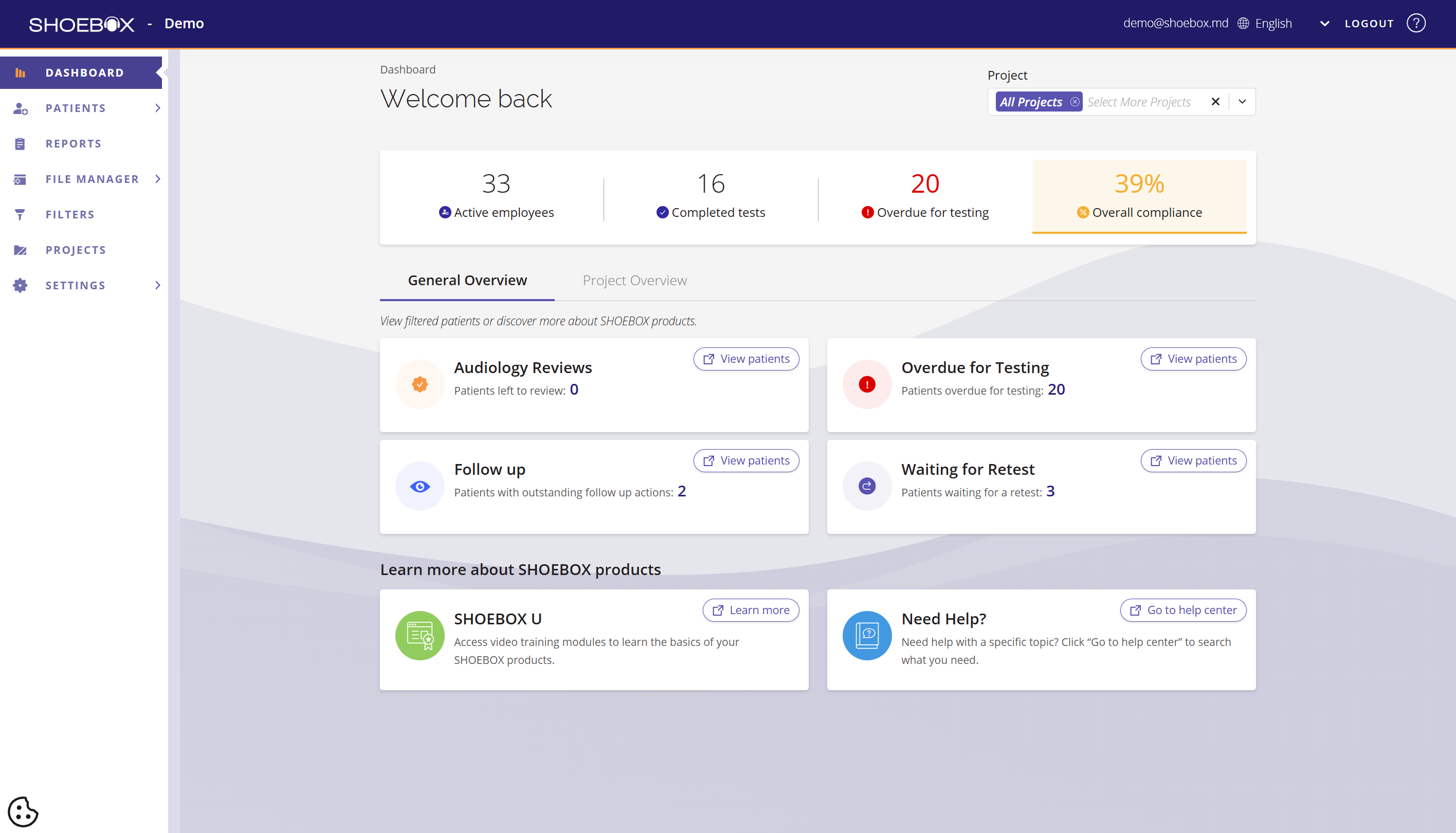 A screenshot of the dashboard as it appears to PureTest users.