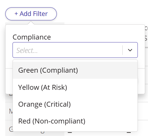 A screenshot of the filter options on the project overview table.