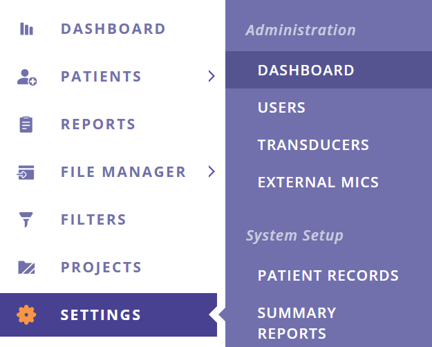 A screenshot of the data management portal side menu with the items Settings and Dashboard highlighted.