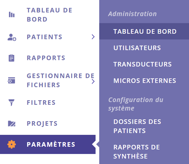 Une capture d'écran du menu latéral avec les options d'administration mises en évidence.