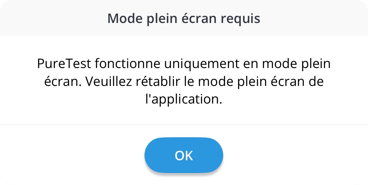 Une capture d'écran de l'avertissement qui s'affiche lorsque PureTest est lancé en mode fenêtré.